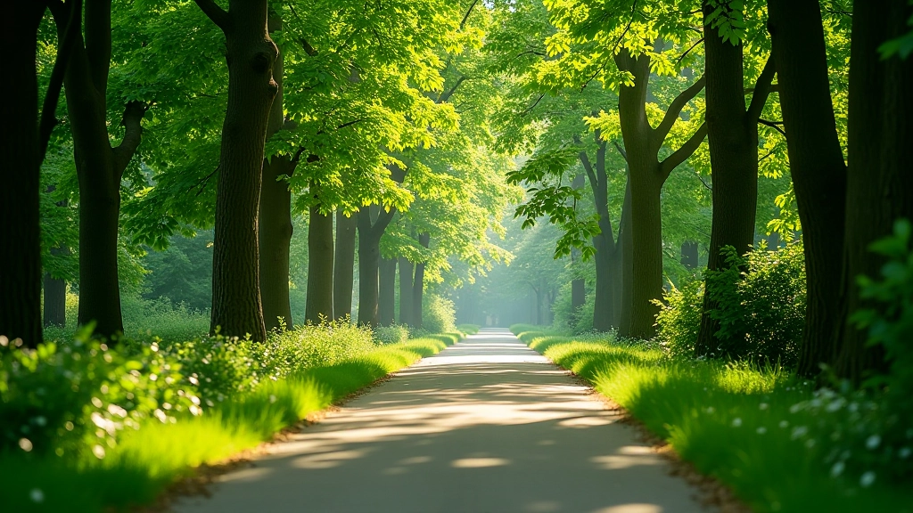 Ścieżka rowerowa wijąca się przez gęstą zeleń i liście drzew, naturalny tunel