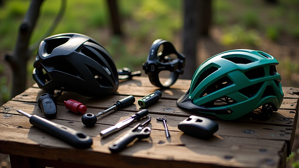 Zestaw sprzętu rowerowego rozłożony na drewnianym stole, kask, ochraniacze, narzędzia