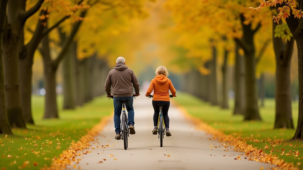 Seniorzy jadący na rowerach aleją kasztanową w Nałęczowie